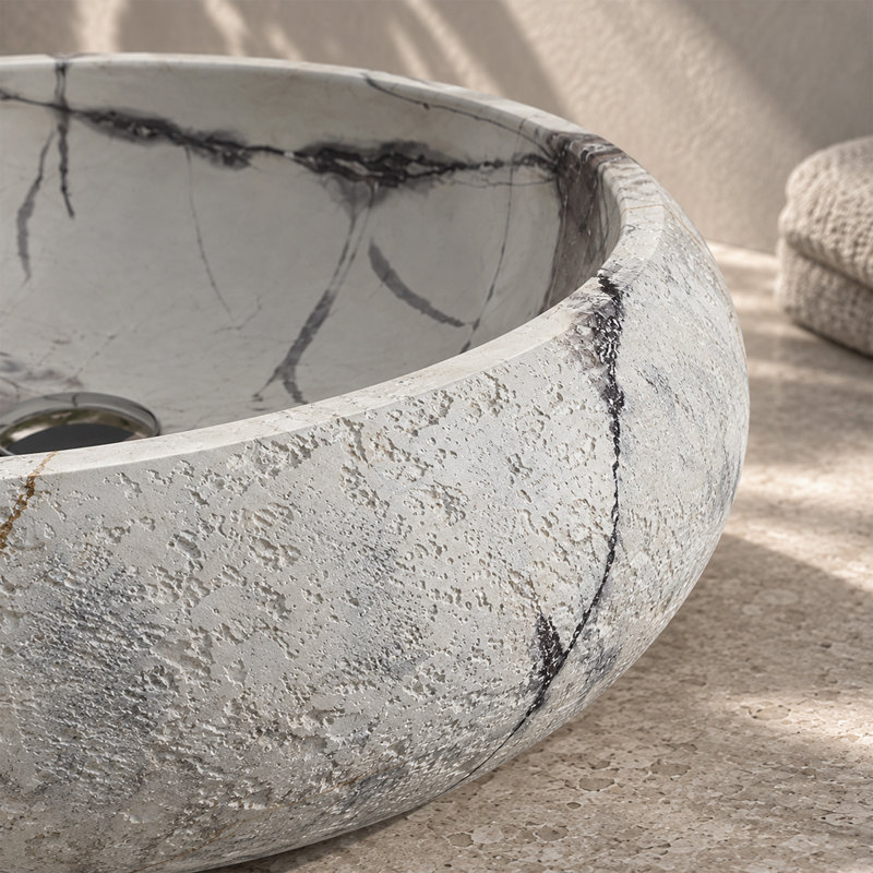 Lavabo-vasque rond en pierre zen de 40 cm (16 po) avec veinage en travertin violet, style artistique et surface solide, Mauve