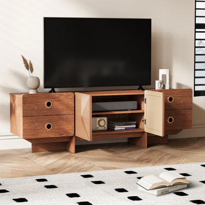 Meuble télé Shelsea pour téléviseur de 75 po ou moins, console de divertissement Mid-Century moderne avec 2 portes et 4 tiroirs