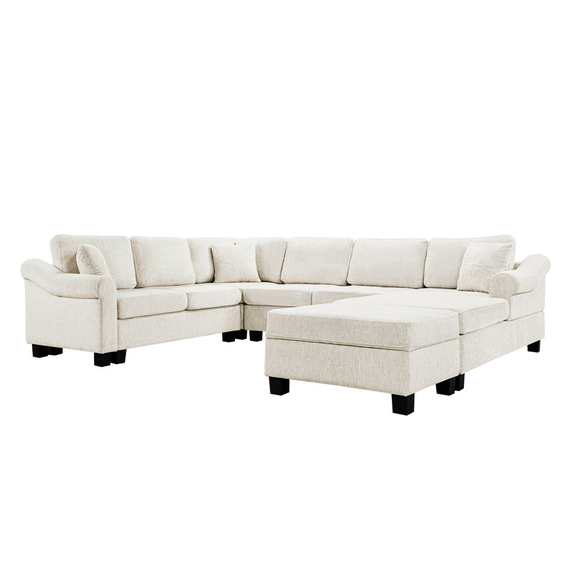 6 - Seat White U Shaped 111.8" Chenille Sectional With Movable Storage For Living Area, Rolled Arms And Comfortable Seating Configuration Room, Seats, Foam Stuffed Cushions