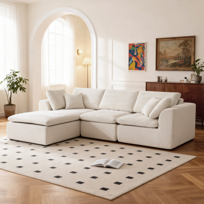Canapé modulaire en L avec méridienne et coussins à haute densité, Chenille beige, Face à la gauche