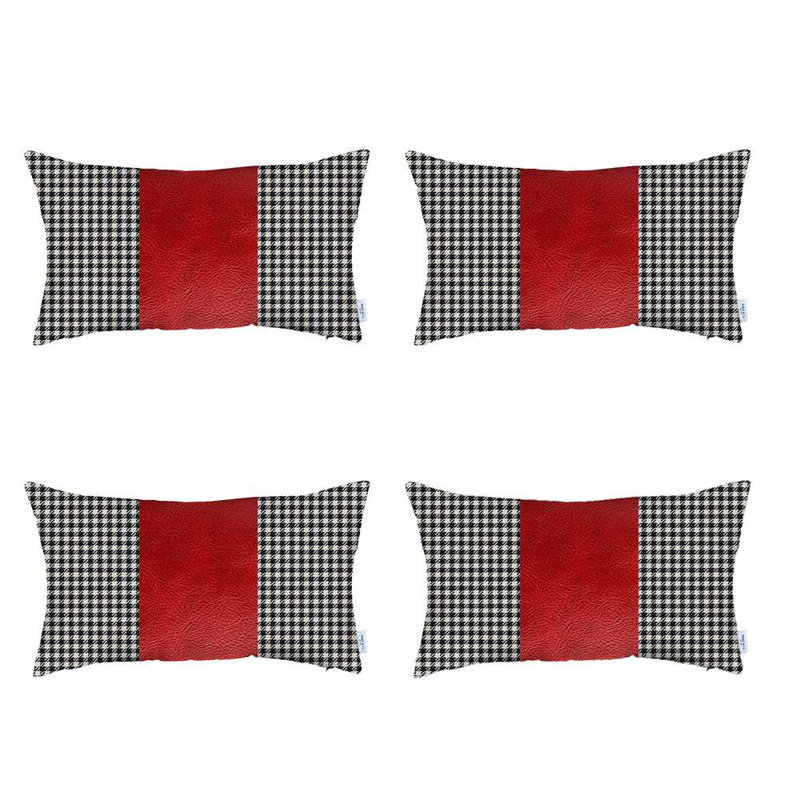 Ensemble de 4 housses de coussin lombaire en similicuir, Pied-de-poule rouge