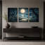 Art mural en bois avec banc en bois encadré par des arbres sous la pleine lune-977947499