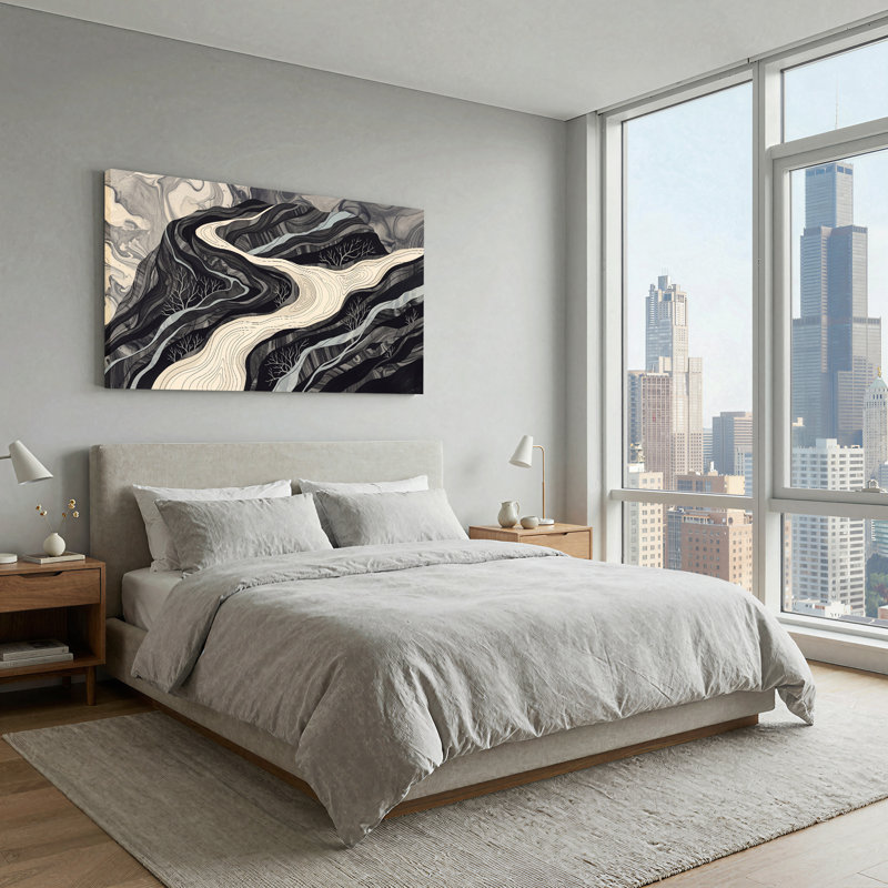 Art mural sur toile, "Rivière noire avec arbres nus" noir et blanc, L 40 po x H 20 po