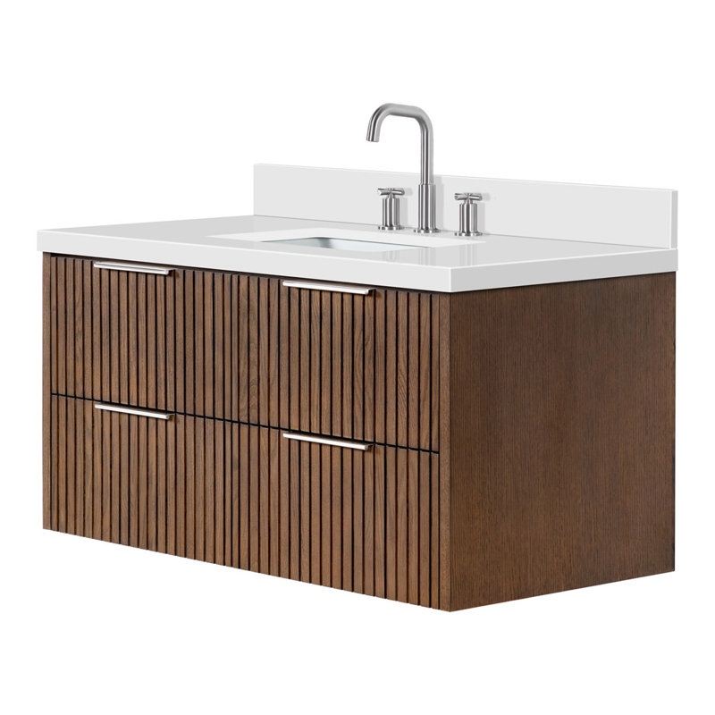 Meuble-lavabo mural simple rectangulaire 43 po avec comptoir en quartz blanc pur 1,5 po Mulloy, Rectangulaire, Chêne brun