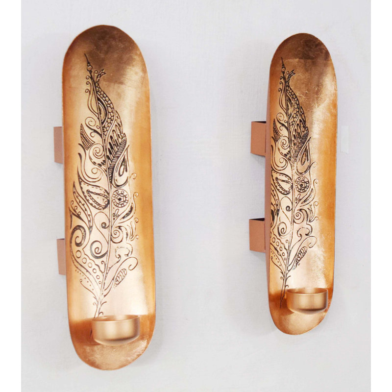 12.59'' Metal Wall Tealight Holder with Feather Design – Handcrafted Wall Accent for Elegant Christmas Decor