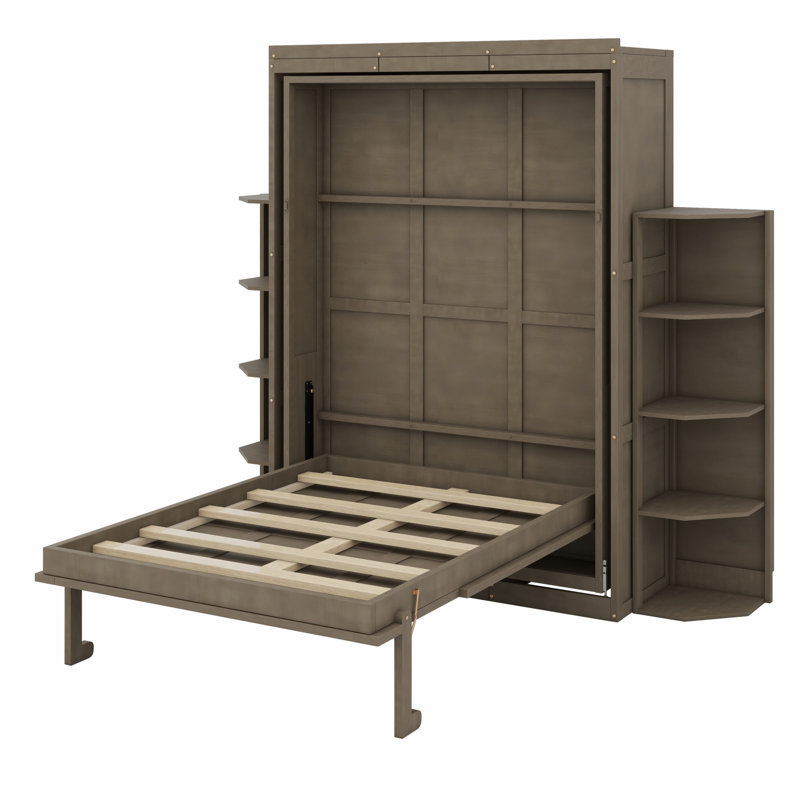 Lit escamotable rotatif avec armoire murale cachée, deux tablettes latérales à 3 niveaux, bureau convertible, supports de rangement supplémentaires, lit mural multifonctionnel peu encombrant