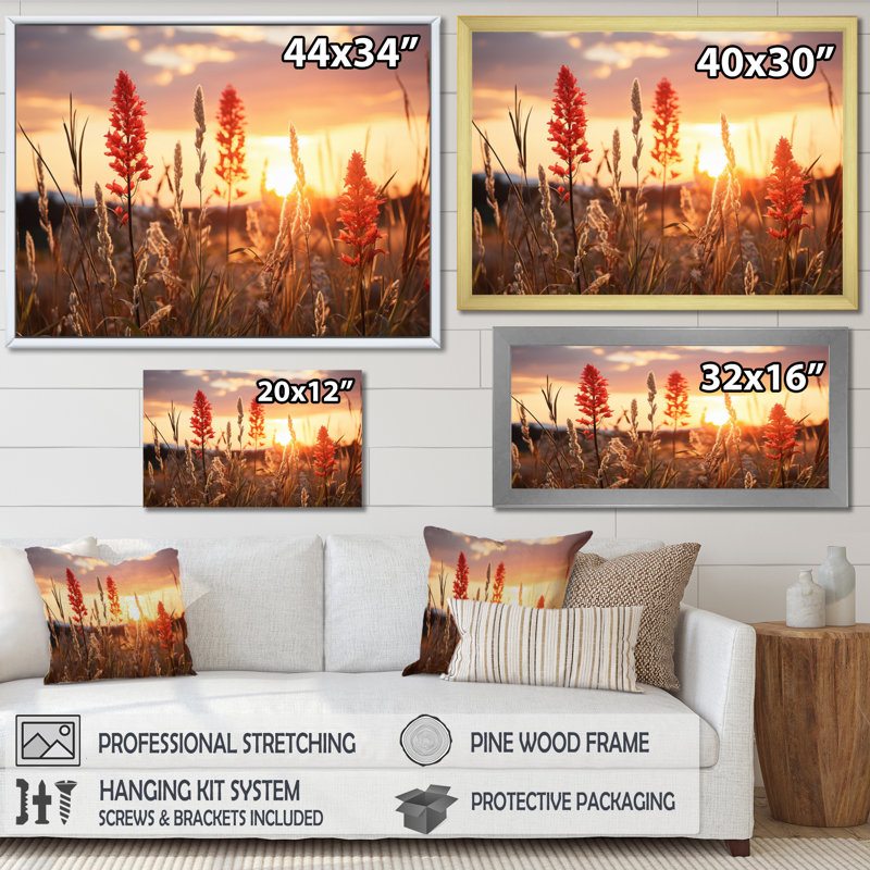 Champ de fleurs sauvages avec coucher de soleil, reproduction sur toile, H 16 po x l 32 po x P 1 po, Cadre simple blanc