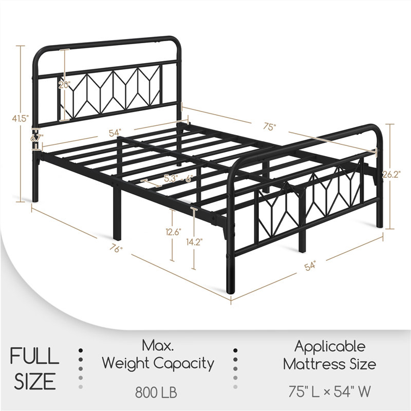 Aylena Vintage Metal Bed Frame with Diamond Pattern Headboard, Full/Double, Black
