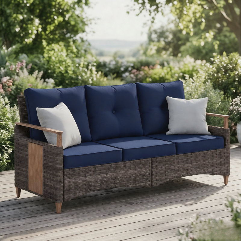 Melvarn Outdoor Patio 70.2"W Wicker 3-Seater Sofa With Cushion And Wood-Look Surface, Blue