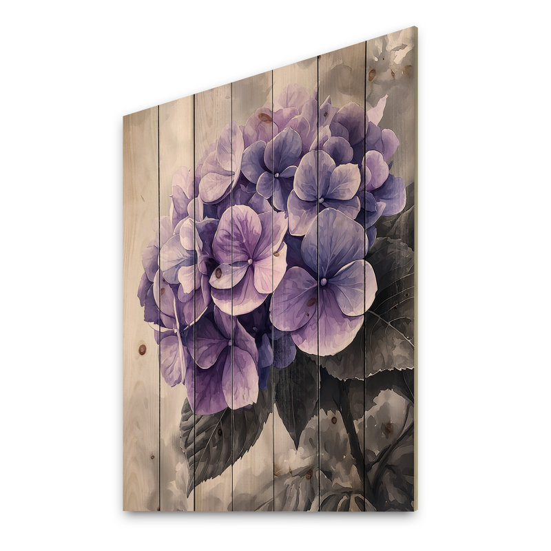 Mauve mauve hydrangée II - décoration murale en bois d'hortensia - sur bois de pin naturel, H 20 po x l 10 po x P 0,78 po