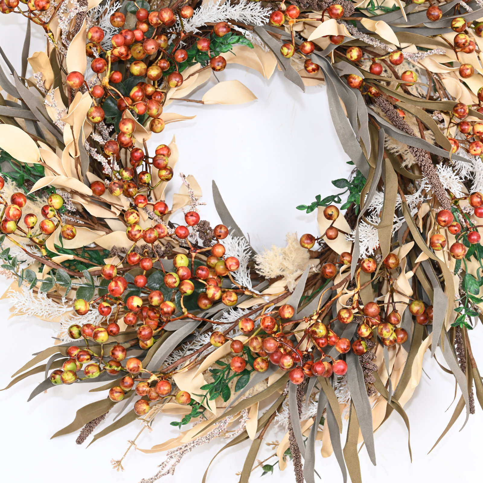 24" Handcrafted Grass, Berry Thanksgiving Wreath, Brown
