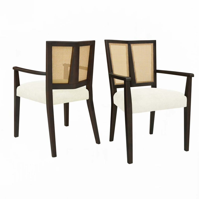 Dining Chairs With Rattan Back, Dark Brown, Beige