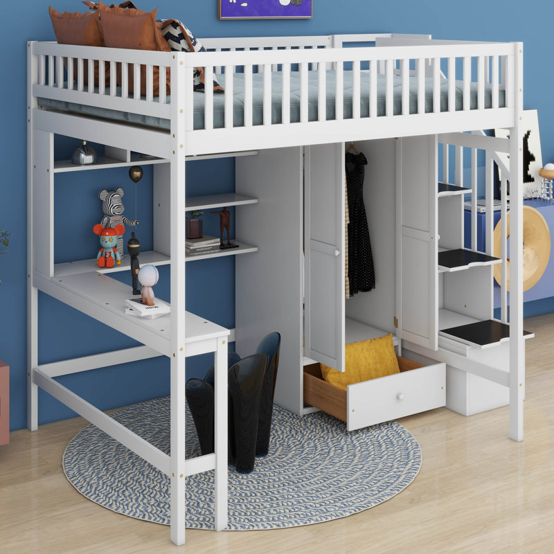 Lit mezzanine double avec tiroirs Jamesy Kids, Blanc