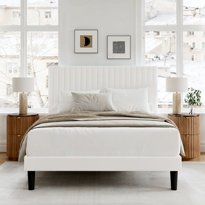 Queen Size Velvet Upholstered Platform Bed with Adjustable Headboard and Wooden Slats