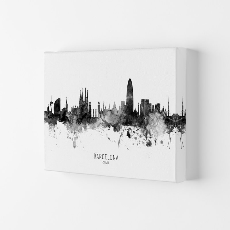 Barcelona Spain Skyline Black White City Name by Michael Tompsett - Print, 42cm H x 59.4cm W x 4cm D, Wrapped Canvas