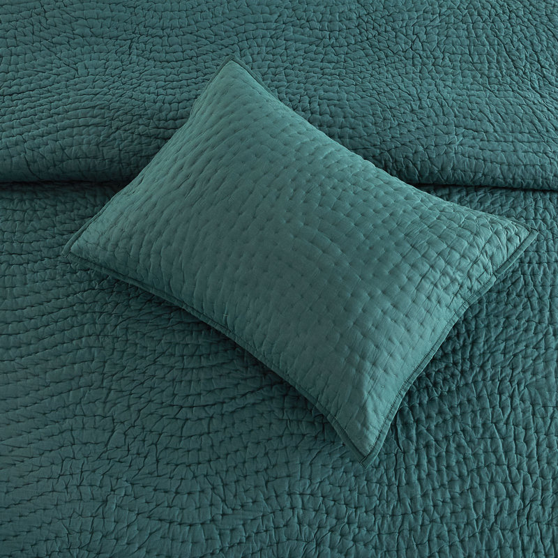 Cotton Wave Hand Stitch Voile Quilt Set, Green, Twin Quilt + 1 Standard Sham