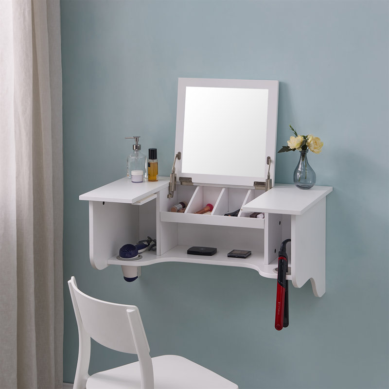 Wall Mount Ledge W/ Vanity Mirror - Transitional Style - White