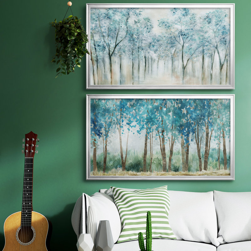 Printemps bleu - ensemble de 2 peintures sur toile encadrées, H 10,5 po x l 37 po x P 1,5 po, Toile avec cadre noir