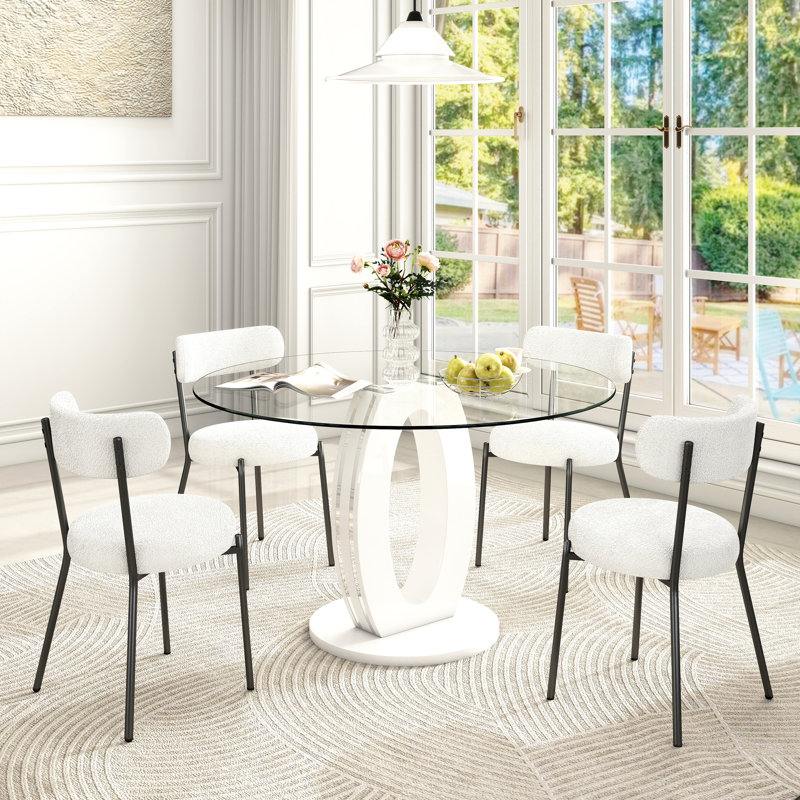 47''Round Glass Pedestal Dining Table Set for 4-6, White, Pink/White, 5