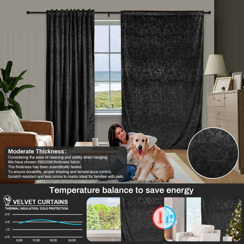 Luxury Dutch Velvet Blackout Curtains Floral Damask Pattern Thermal Isolate Light Heat Blocking Drapes, Black, 52" W x 84" L