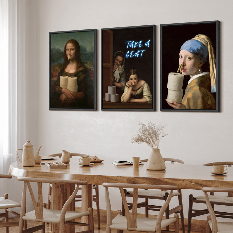 Amusant ensemble d'art mural classique sur toile, impressions encadrées mettant en vedette Mona Lisa, fille avec une boucle d'oreille en perles et plus pour une décoration de salle de bain ou de toilette d'invité excentrique