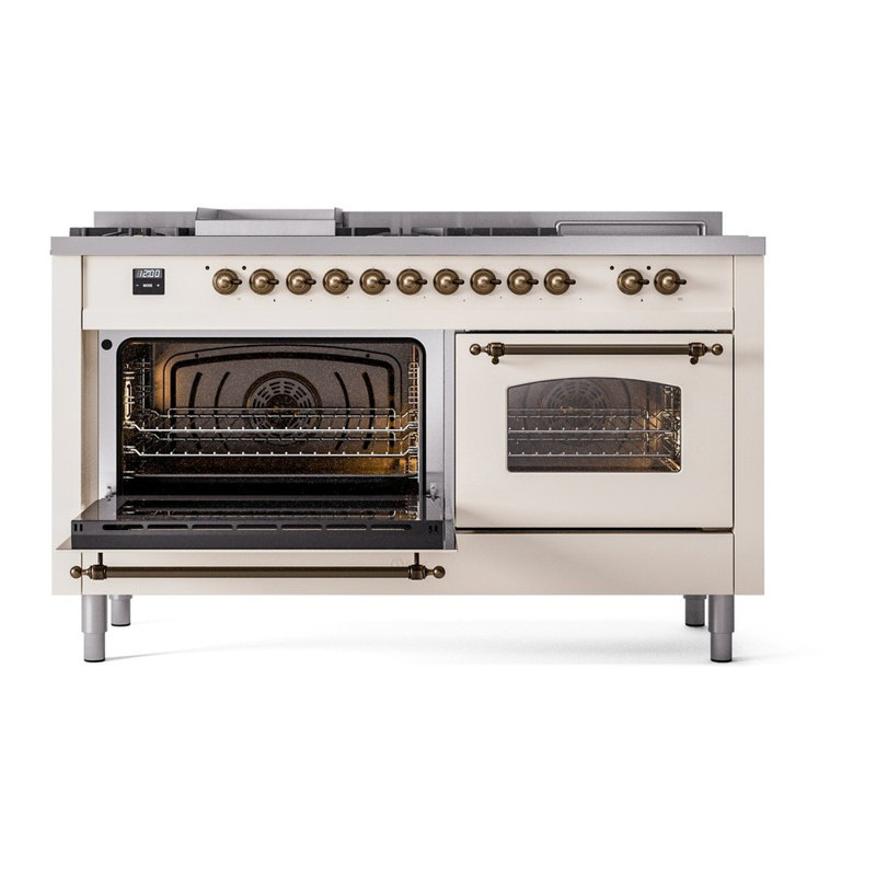 ILVE Nostalgie II 60 Dual Fuel Range, 5 Burners, Griddle, Frenchtop , Liquid Propane, Antique White/Bronze