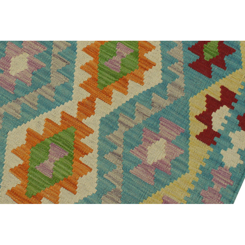 Hand-Woven Blue and Multicolor Wool Geometric Runner Rug