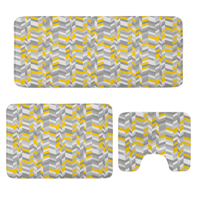  Ensemble de tapis de salle de bain rétro 3 pièces en U et tapis rectangulaires gris jaune