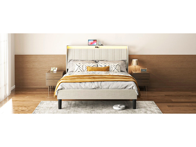 Queen Size Fabric Upholstered Platform Bed Frame - Wooden Slats Support With 2usb+2ac Outlets