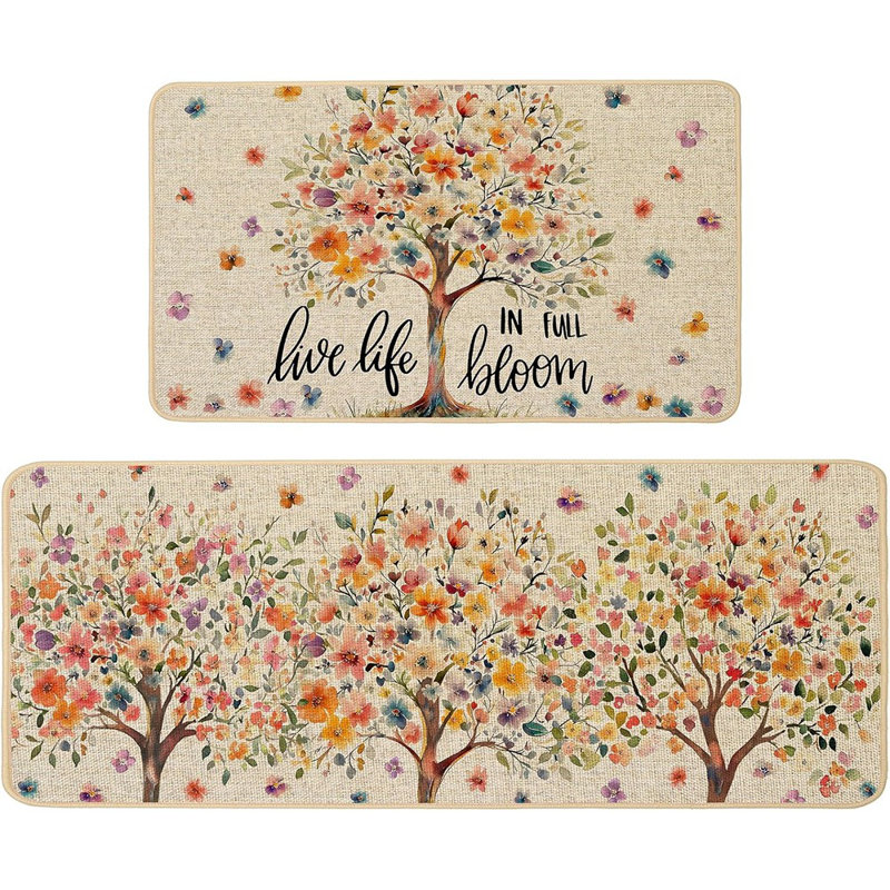 Tree Floral Kitchen Mats - Multi - Set Of 2 Low-Profile Non-Slip Rugs,  Spring Seasonal Home Decor