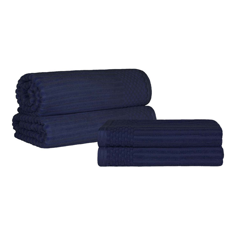 Ribbed Cotton Absorbent Heavy Weight 2 Pc Bath Sheet and 2 Pc Bath Towel Set, Navy Blue
