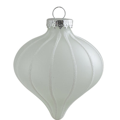 3ct Clear and White Matte Frosted Glitter Stripes Glass Christmas Onion Drop Ornaments 3.25" (75mm)