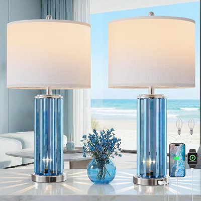 26" Table Lamps for Bedroom, Modern Bedside Lamp with USB A+C Charging Port, Blue Nightstand Lamp for Living Room