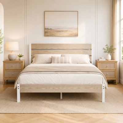 3-Piece Bedroom Furniture Set - Metal Platform Bed Frame With Headboard & Footboard, Set Of 2 Rattan Nightstands With 2 Drawers, Modern Farmhouse Bed Set With End Tables
