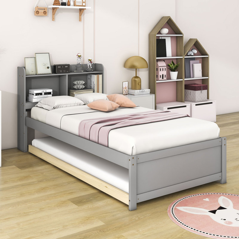 Lit plateforme en bois avec lit gigogne et tablettes, Simple, Gris