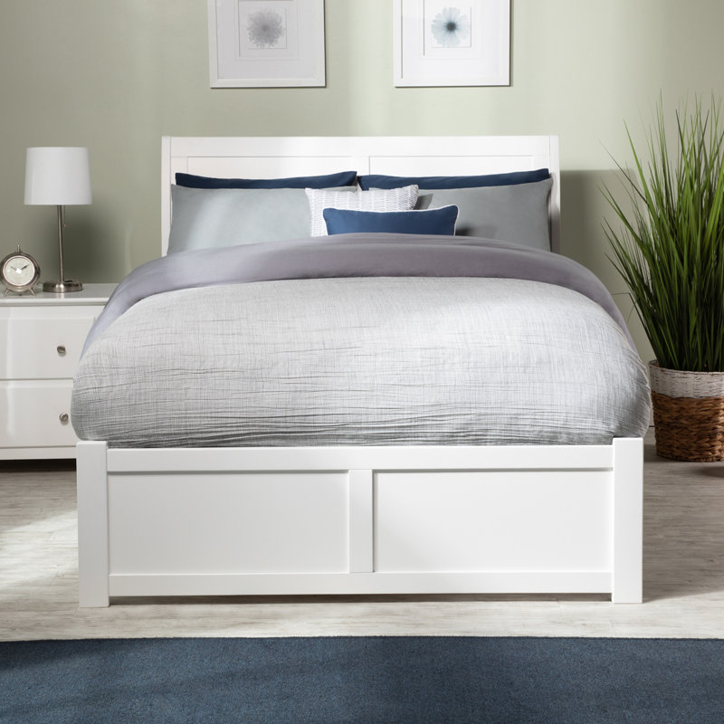 Nystead Solid Wood Sleigh Platform Bed with Footboard & Full Roll Out Trundle, White