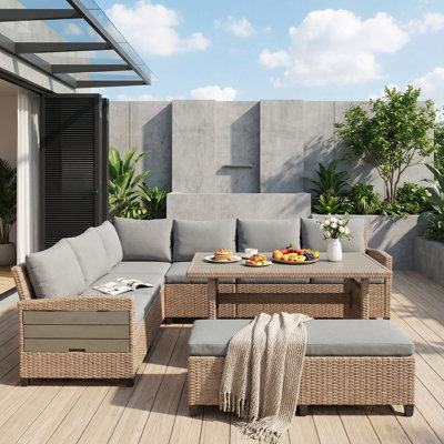 Ensemble de conversation d'extérieur en rotin de patio 5 pièces avec tables d'appoint extensibles, sièges pour 7 personnes, table de salle à manger, banc et canapés modulaires, brun