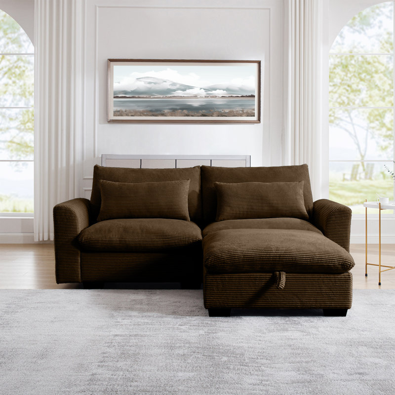Karaka Sectional Sofa Comfy Corduroy Couch For Living Room With Pillows And Round Armrests, Modern Corduroy Sofa Sleeper Deep Couches With Storage Ottoman
