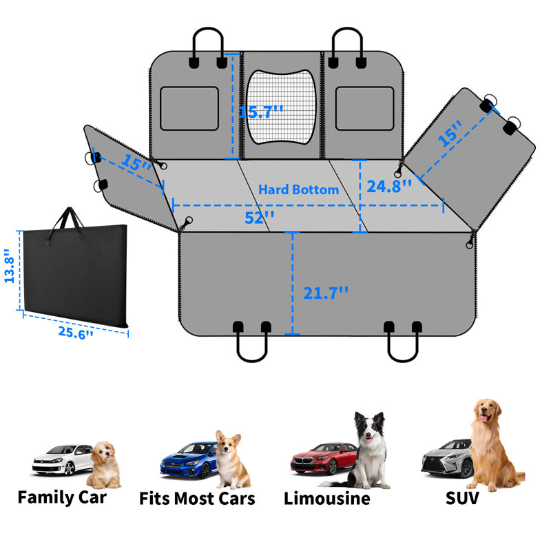 Back Seat Extender For Dogs With Detachable Hard Bottom,Waterproof Dog Car Seat Cover Holds 400Lbs With Mesh Window,Medium Size,Grey