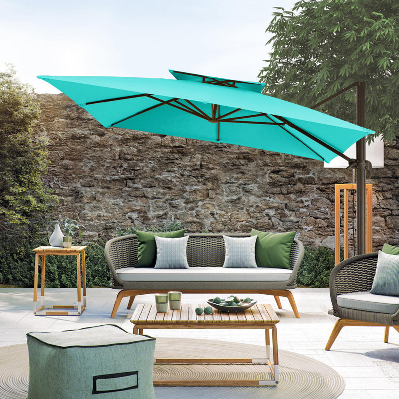 Parasol en porte-à-faux carré de 132 po avec couvercle Otylie, Bleu paon