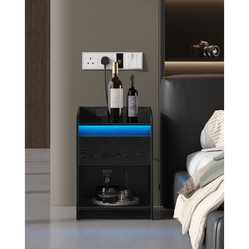 Bedside Table with LED Light, Bedside Cabinet with Charging Station, 1 Storage Drawer Nightstand for Bedroom, Living Room, 2 USB Port, 2 Outlets, Open Compartment