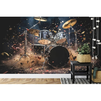 Exploding Drum Kit Music Wall Mural Dynamic Rock Percussion Splash Wall Art Decor