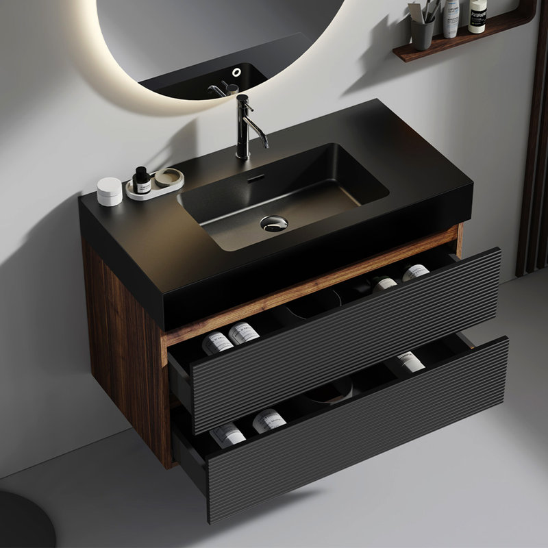 Meuble-lavabo de 36 po Grace avec panneau de grille noir et épissure couleur noyer, conception murale en noyer, compartiments de tiroir spacieux pour les articles