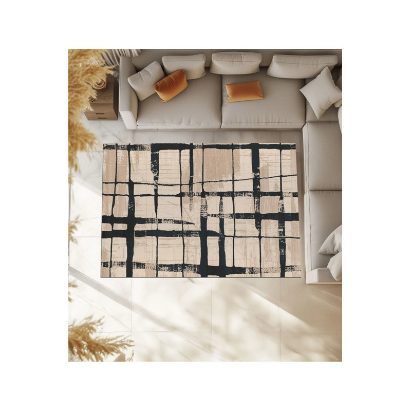 Tapis à motif géométrique rayé noir, Rond 4 pi