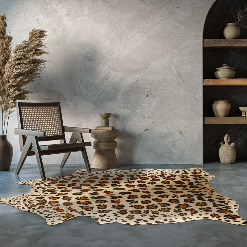 Custom Wildcat on Beige Printed Cowhide Rug, Novelty 5'8" x 6'7"