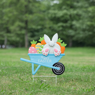24"H Easter Metal Wheel Barrow Yard Stake