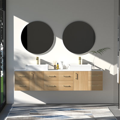 Meuble-lavabo mural 84 po avec comptoir en pierre de quartz blanc et double vasque carrée en céramique