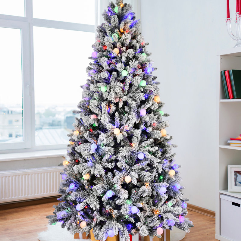 Arbre de Noël 8 pi avec 470l lumières DEL colorées, 10 modes d'éclairage, interrupteur au pied, 1793 pointes de Pe + + dur, branches à mémoire de forme, tronc à charnières pour une installation sans effort, arbre de support en métal stable,