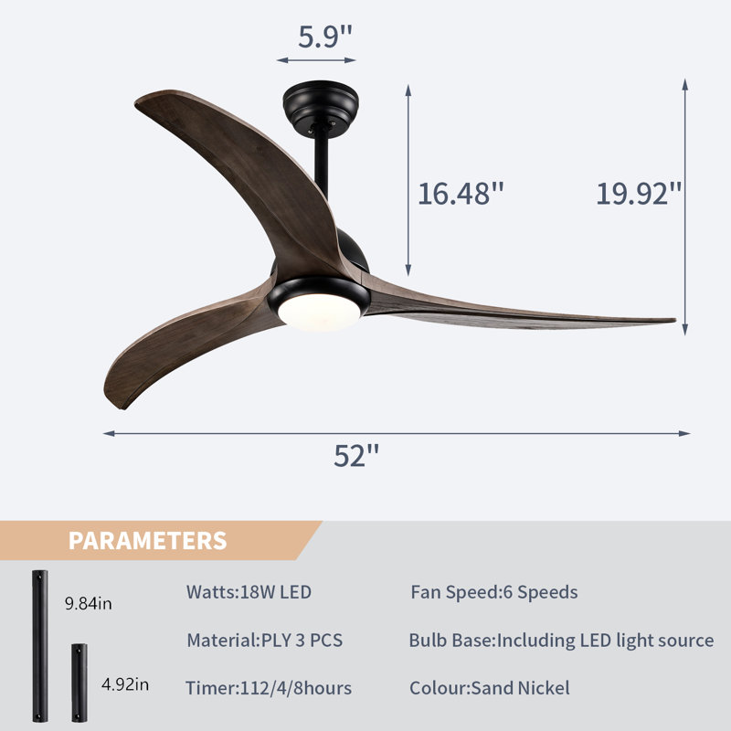 52" Solid Wood Blade Ceiling Fan with Light & Remote, 6 Speed, 3 Color, Reversible Motor, Matte Black with Dark Ebony Blades