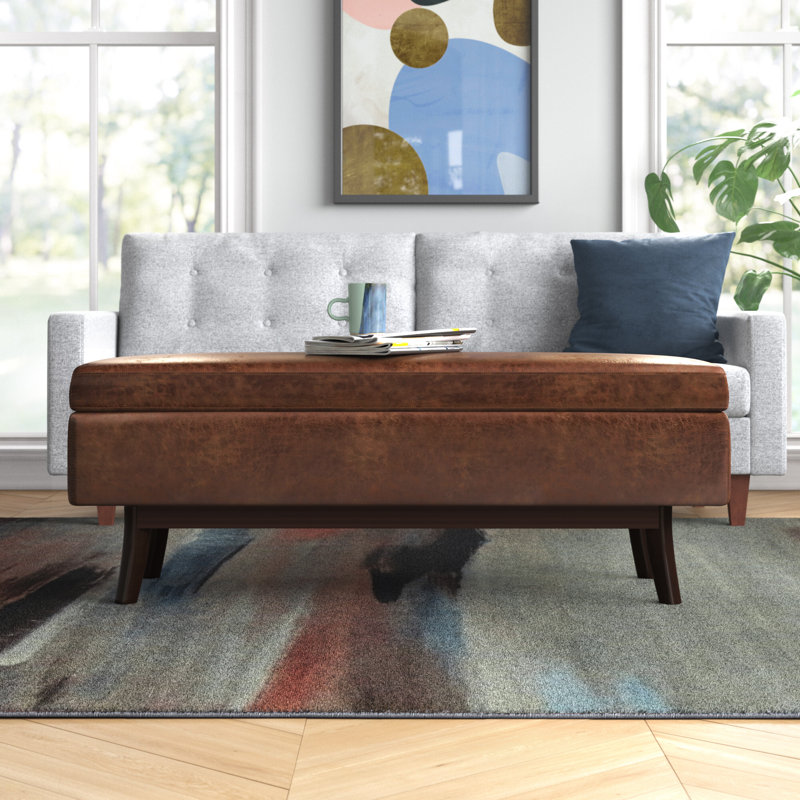 Owen 48"W Upholstered Storage Ottoman with Lift Top and Solid Wood Legs, Saddle Brown Faux Distressed Leather